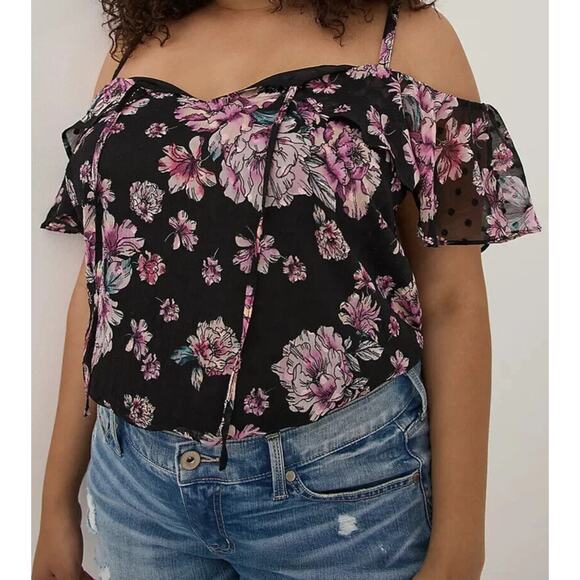 NWT Torrid Clip Dot Square Neck Cold Shoulder Top Womens 5X Black Purple Floral - Picture 1 of 13
